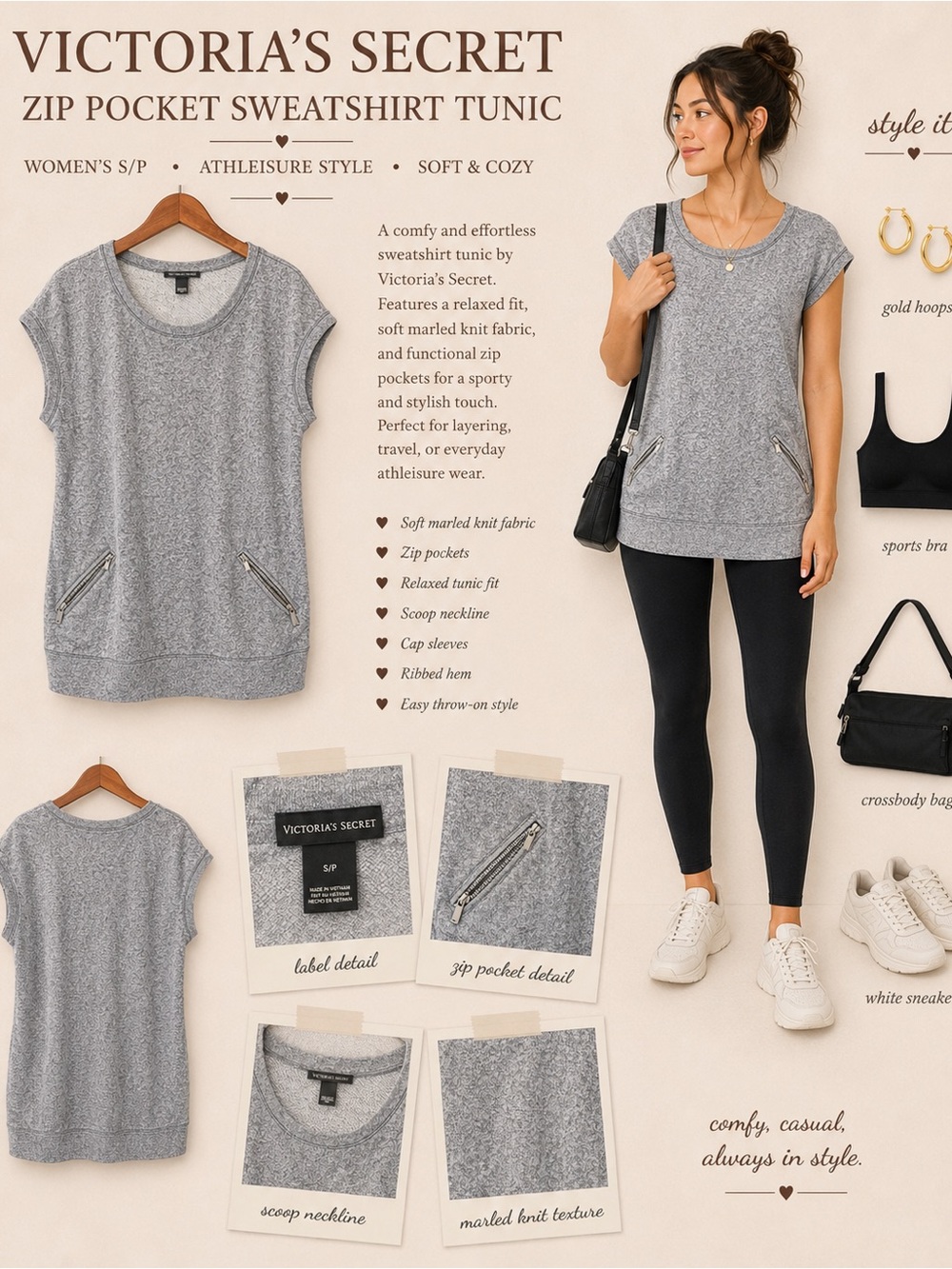 Victoria’s Secret Gray Sweatshirt Dress Tunic S Zip Pockets 2013 Athleisure